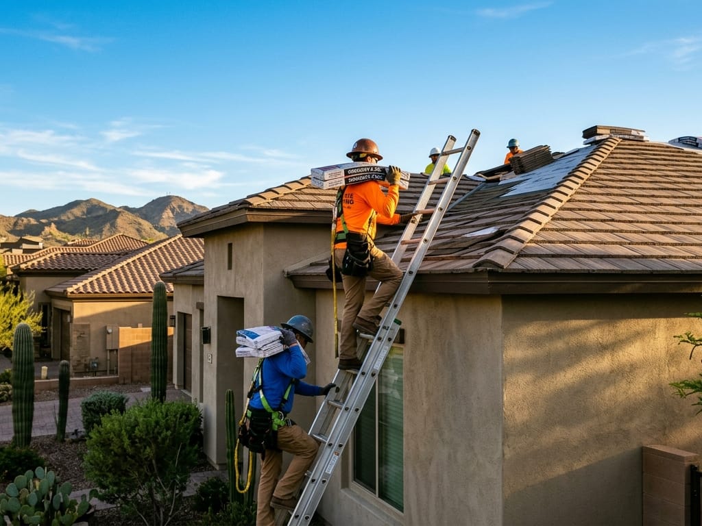 Canyon State roofing crew loading materials onto a residential tile roof in the Arizona desert during late afternoon sunlight