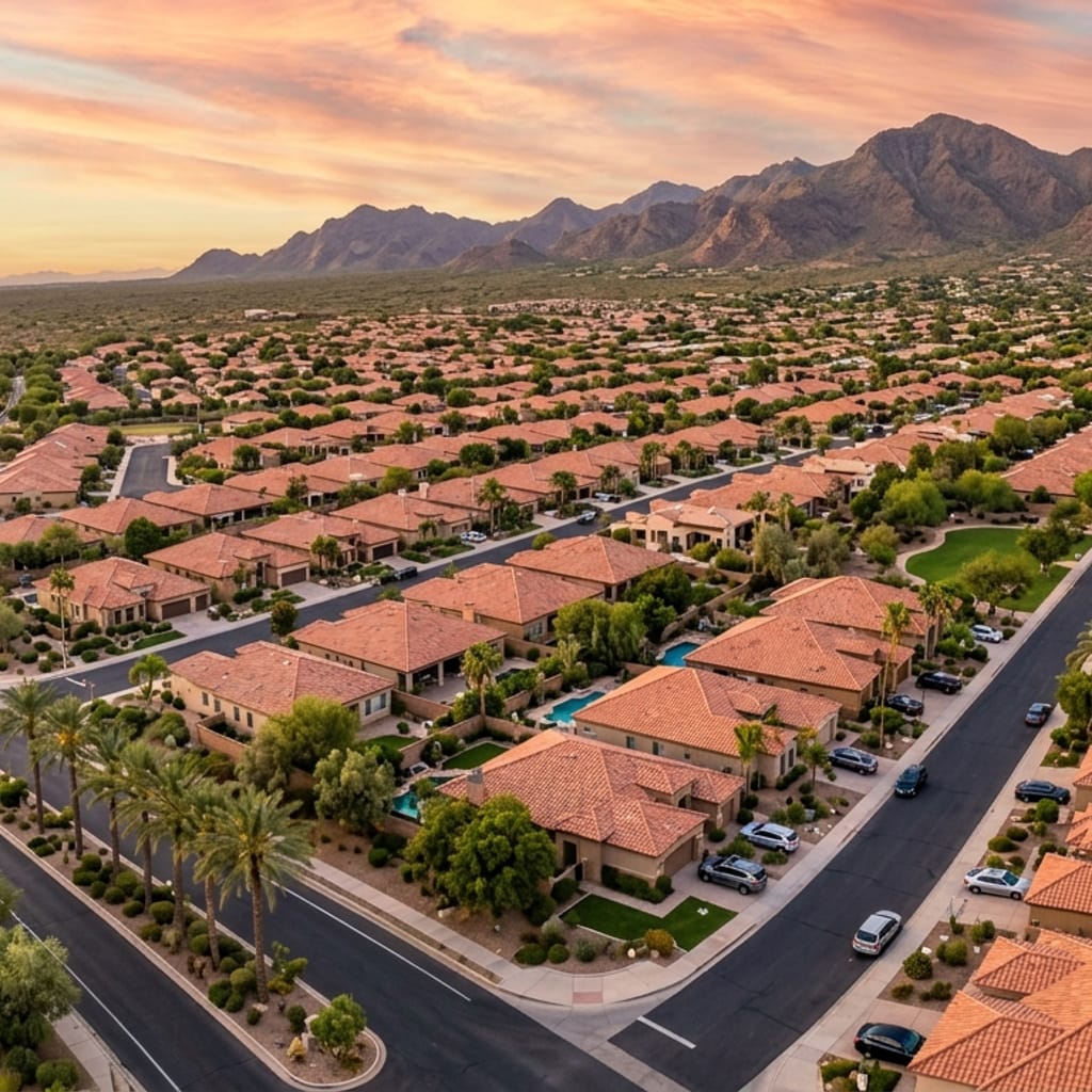 Aerial view of an Arizona residential neighborhood at golden hour with terracotta tile roofs and desert landscaping