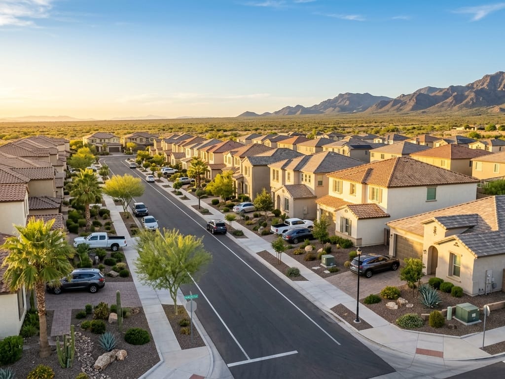 A finished Arizona residential street with new tile and shingle roofs across a suburban East Valley neighborhood at golden hour