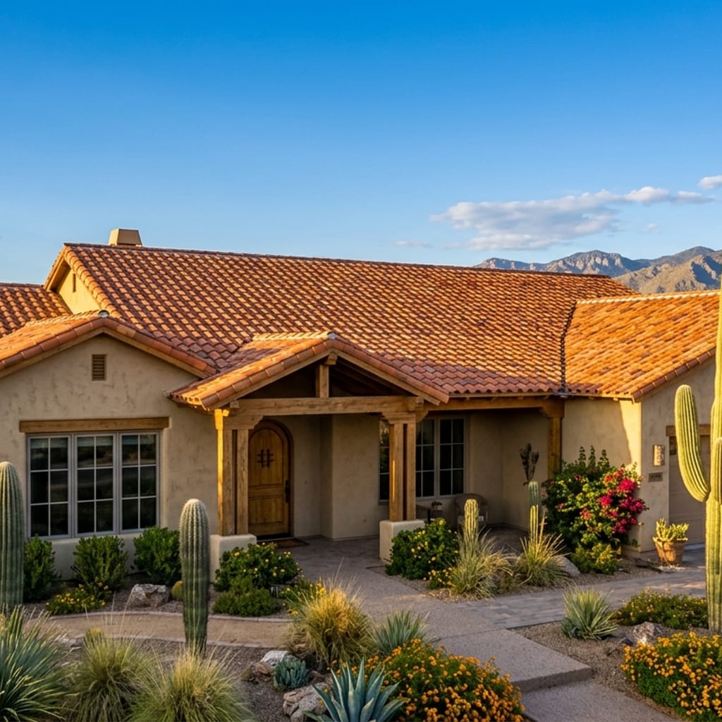 Newly installed terracotta tile roof on a Southwest-style stucco home in Arizona under a clear blue sky