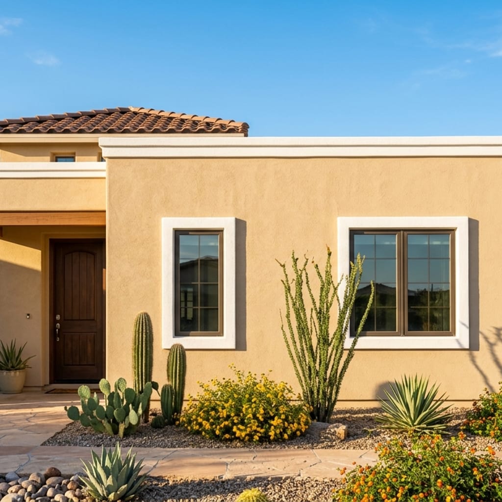 Freshly painted warm beige stucco exterior of a Southwest desert home in Arizona