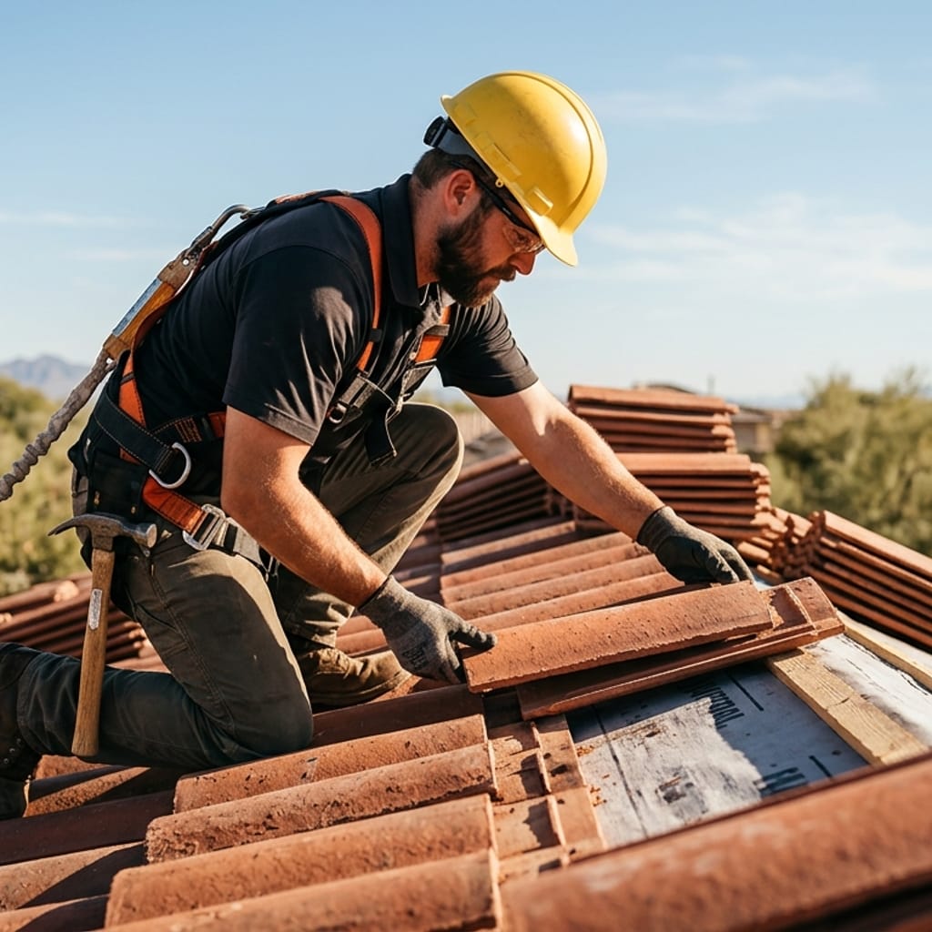 Roofer in safety gear installing terracotta shingle tiles on a residential roof in Arizona