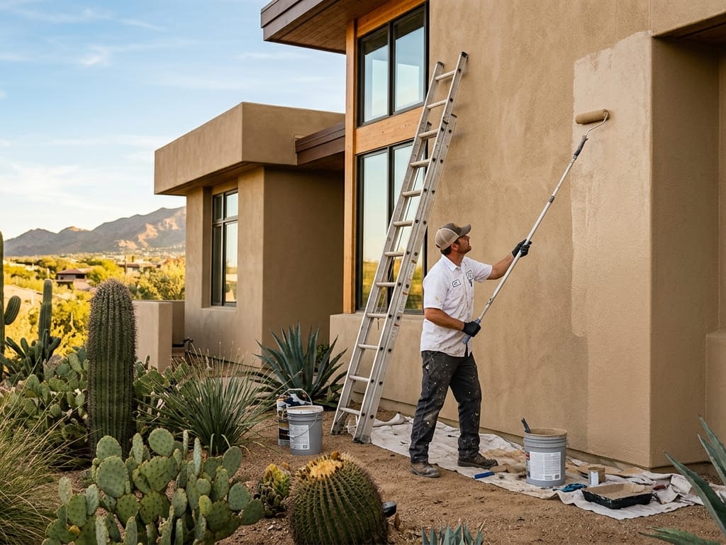A painter rolling elastomeric coating onto the exterior stucco wall of a desert home in Arizona