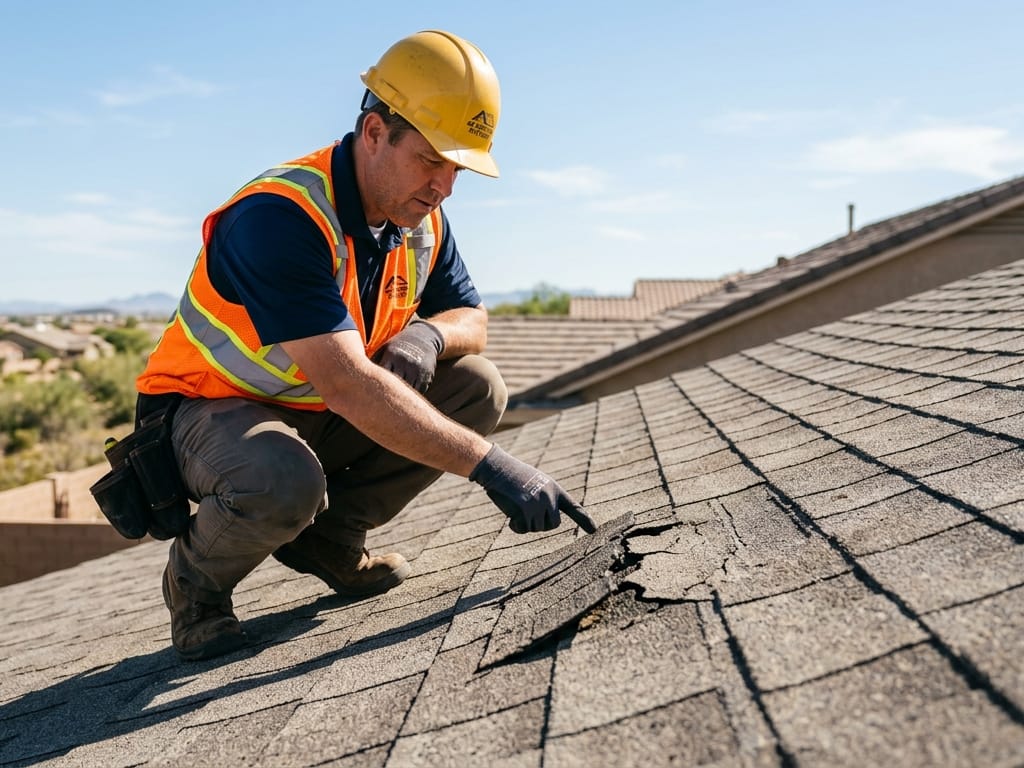 A Canyon State roofing contractor in safety gear inspecting shingles on a residential roof, pointing at a damaged area during a detailed inspection